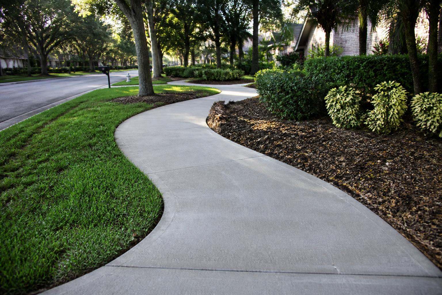 Curved concrete sidewalk under oak trees in High Springs, Florida