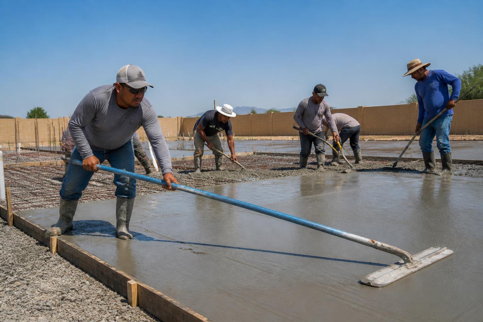 Concrete crew bull-floating a fresh slab pour in Newberry, Florida