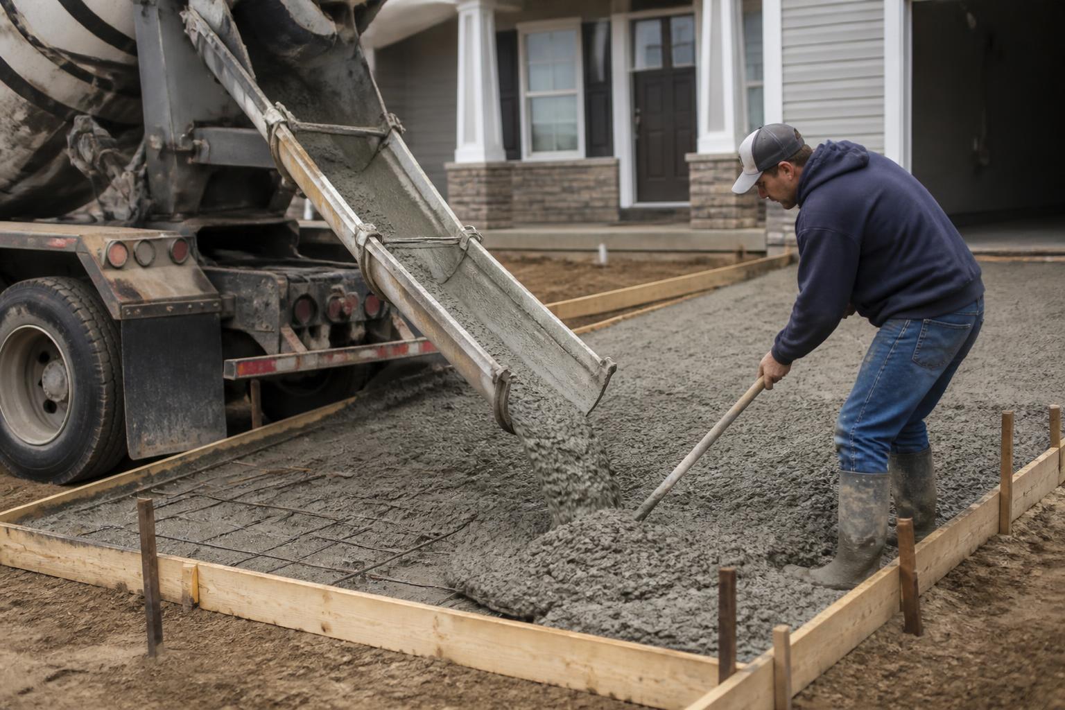 Concrete truck pouring a formed driveway in Archer, Florida