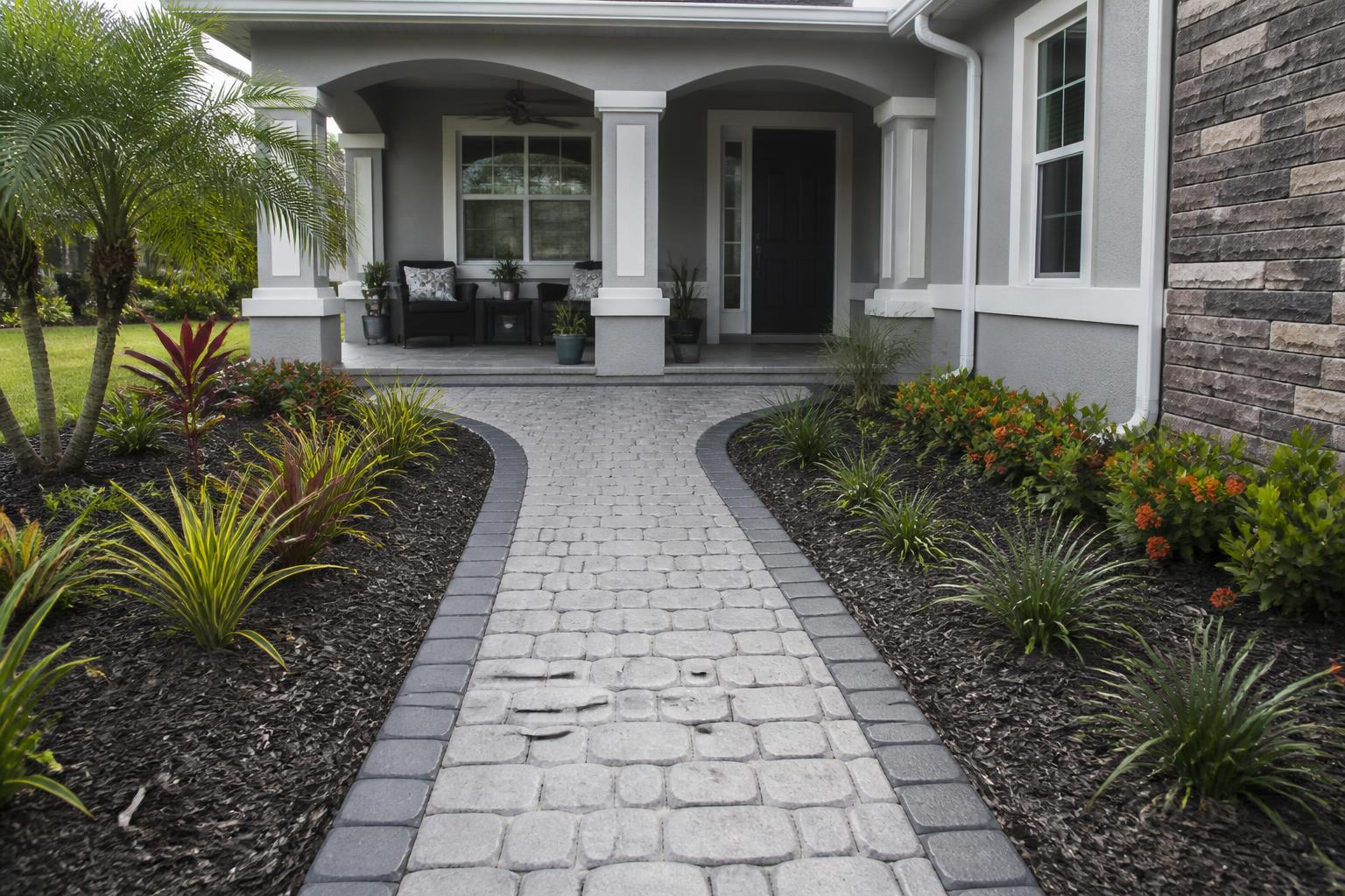Stamped cobble concrete walkway leading to a front porch in Bronson, Florida